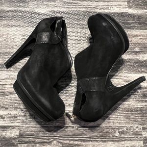 Fendi Heeled Black Suede Booties 5.5” Heels Cut Out Detail Zippered Back…